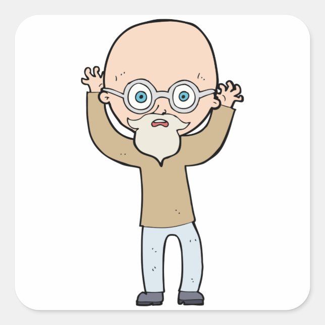 Funny Bald Quirky Old Man with Beard Square Sticker (Front)