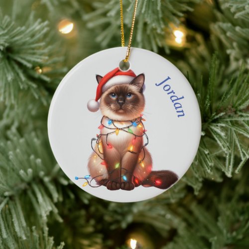 Funny Balinese Cat Wrapped in Lights Christmas Ceramic Ornament