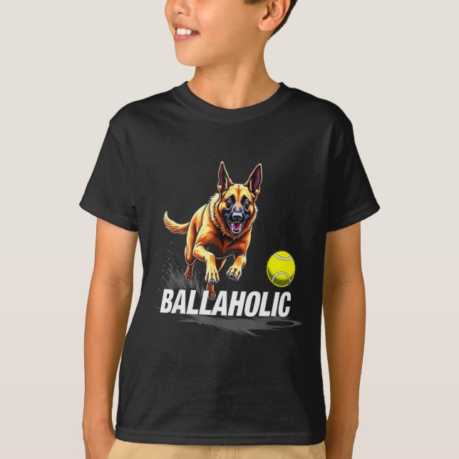 Funny Ballaholic Belgian Shepherd Dog Chasing Mali T-Shirt (Front)