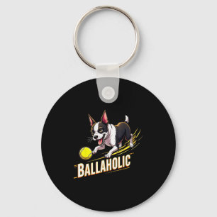Funny Ballaholic Boston Terrier Dog Chasing Bostie Keychain
