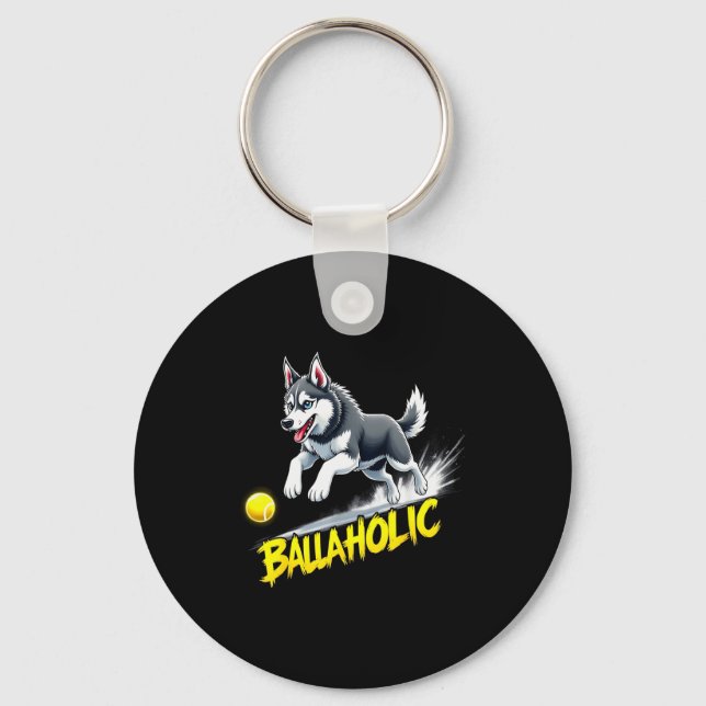 Funny Ballaholic Siberian Husky Dog Chasing Ball  Keychain (Front)