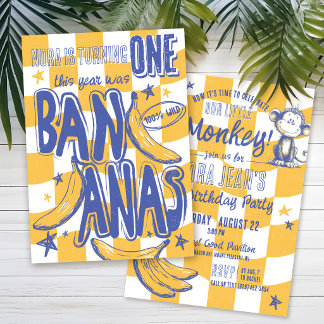 Funny BANANA Modern Checked Monkey 1st Birthday Invitation