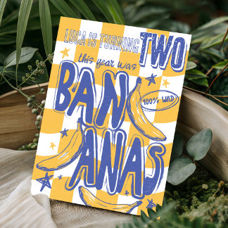 Funny BANANA Modern Checked Monkey 2nd Birthday Invitation