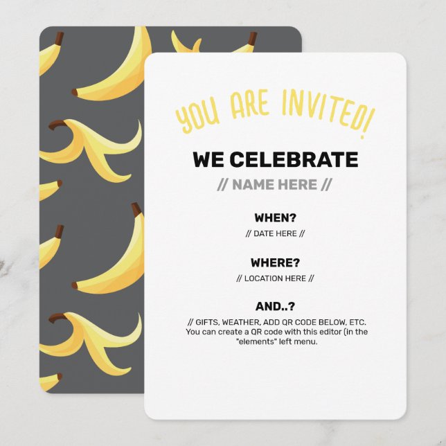 Funny Banana Pun Party pattern colorful - editable Invitation (Front/Back)