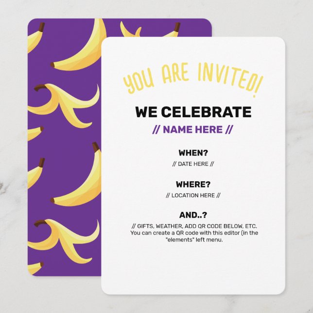 Funny Banana Pun Party pattern colorful - editable Invitation (Front/Back)