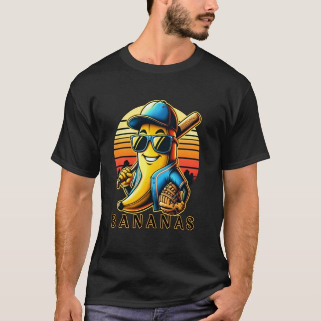 funny Bananas Playing Baseball Baseball Player T-Shirt (Front)