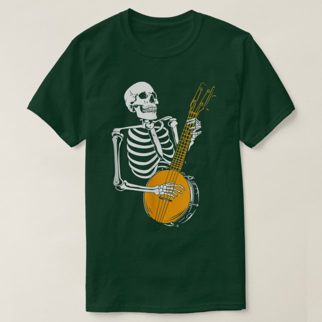 Funny Banjo Lover Skeleton Playing Banjo Halloween T-Shirt (Design Front)