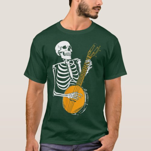 Funny Banjo Lover Skeleton Playing Banjo Halloween T_Shirt