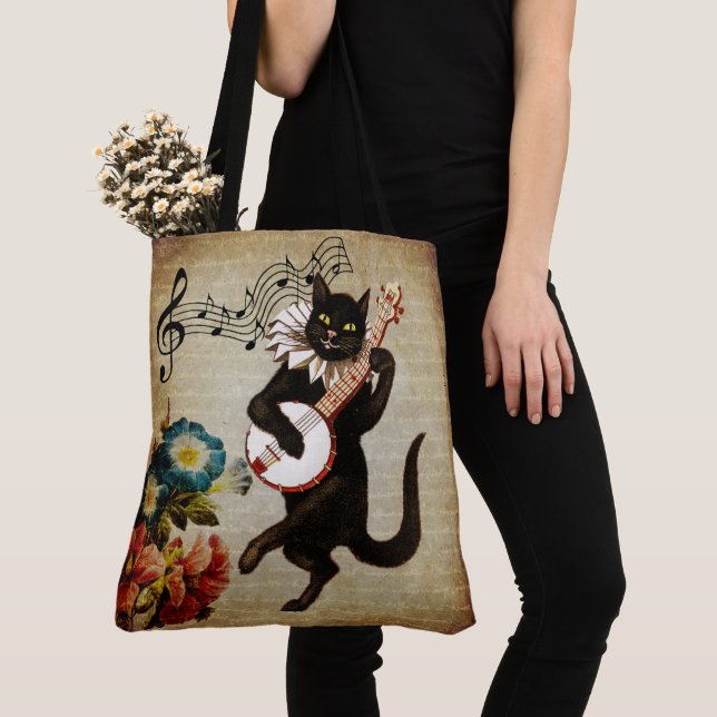 Funny Banjo Musician Cat Tote Bag (Close Up)
