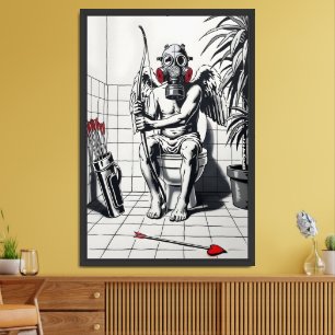 Funny Banksy‑Style Cupid in a Gas Mask Framed Art