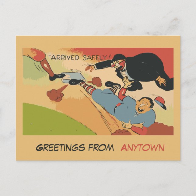 Funny baseball cartoon, arrived safely template postcard (Front)