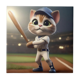 Funny Baseball Cat, Ceramic Tile