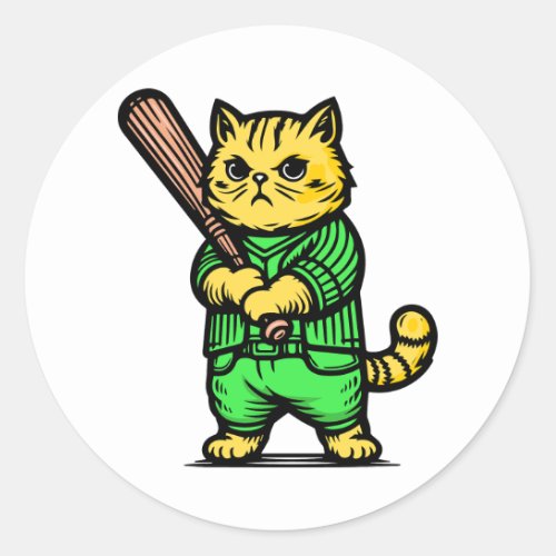 Funny Baseball Cat Classic Round Sticker