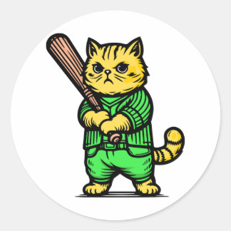 Funny Baseball Cat Classic Round Sticker