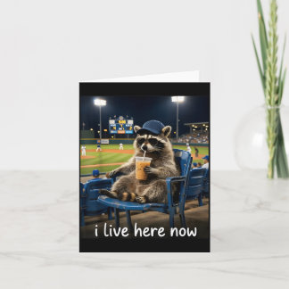 Funny Baseball Fan Raccoon Drinking Iced Coffee Card