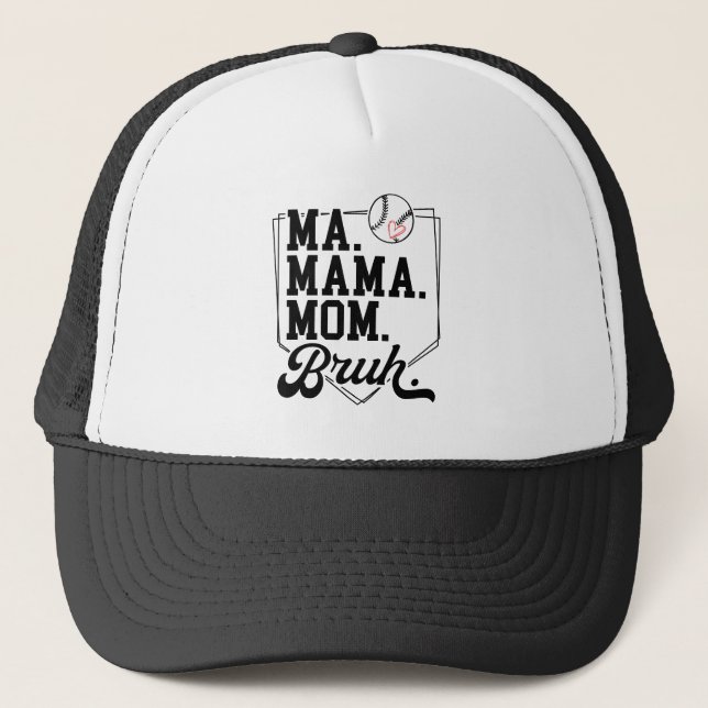 Funny Baseball Mom Bruh with Team Name and Number Trucker Hat (Front)