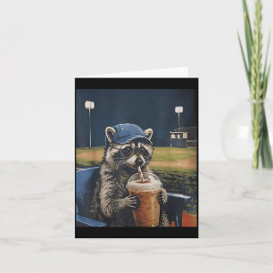 Funny Baseball Raccoon Drinking Ice Coffee Live Card