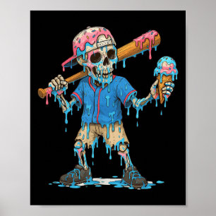 Funny Baseball Skeleton Ice Cream Drip Baseball Bo Poster