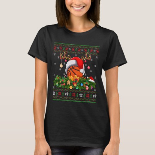 Funny Basketball Ball Raindeer Hat Ugly Basketball T_Shirt