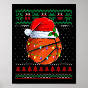 Funny Basketball Christmas Ugly Sweater Santa Hat Poster
