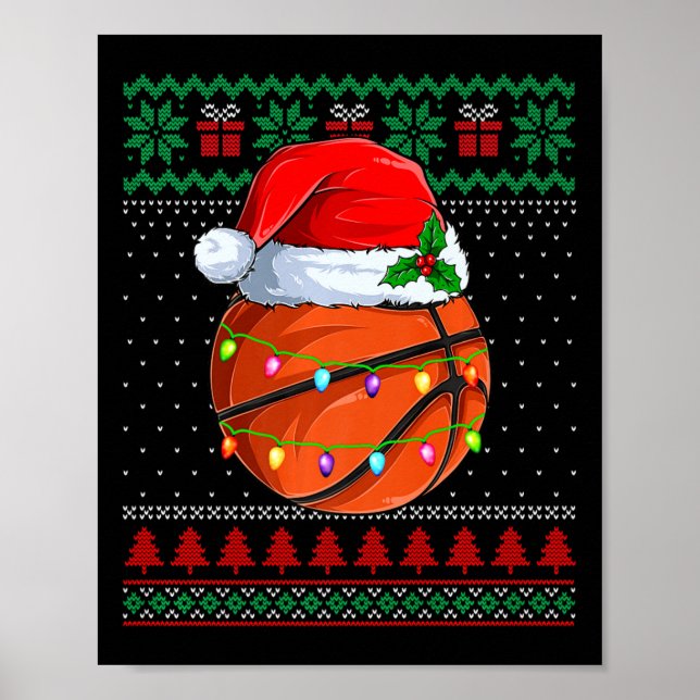 Funny Basketball Christmas Ugly Sweater Santa Hat  Poster (Front)
