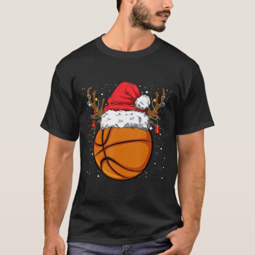 Funny Basketball Reindeer Santa Hat Christmas Holi T_Shirt