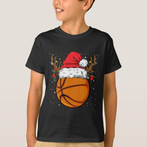 Funny Basketball Reindeer Santa Hat Christmas Holi T_Shirt