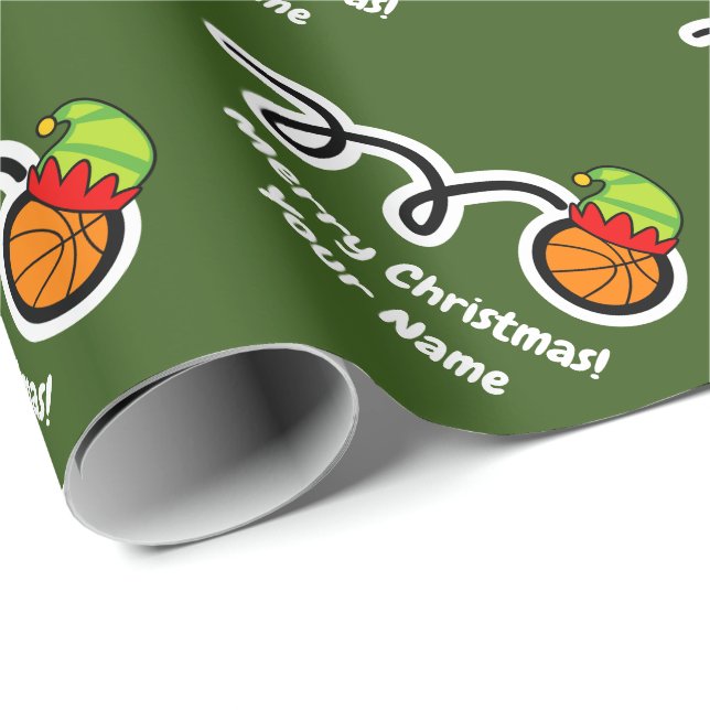 Funny basketball with elf hat custom Christmas   Wrapping Paper (Roll Corner)