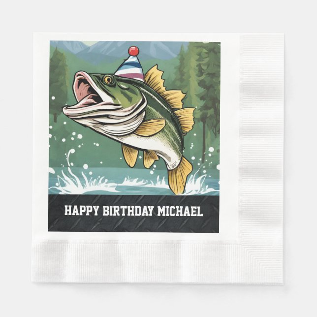 Funny Bass Fishing Birthday Party Men's Name Napkins (Front)