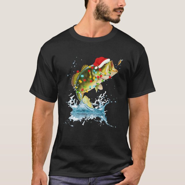 Funny Bass Fishing Santa Hat Christmas Pajama Fish T-Shirt (Front)