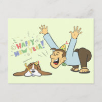 Funny Basset and Man Celebrate New Years Cartoon
