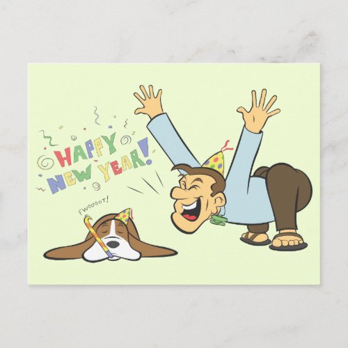 Funny Basset and Man Celebrate New Years Cartoon Postcard