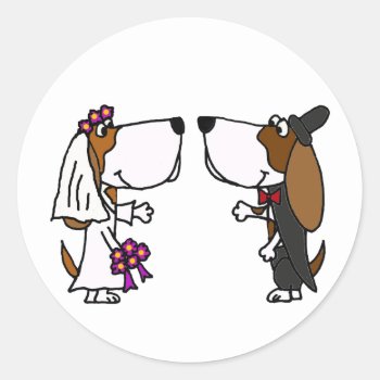 Funny Basset Hound Bride And Groom Wedding Art Classic Round Sticker by AllSmilesWeddings at Zazzle
