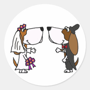Funny Basset Hound Bride and Groom Wedding Art Classic Round Sticker
