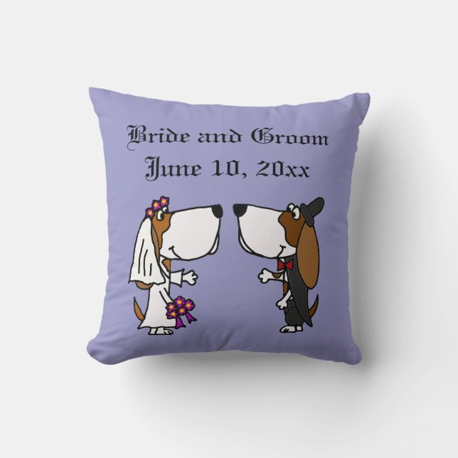 Funny Basset Hound Bride and Groom Wedding Throw Pillow (Front)