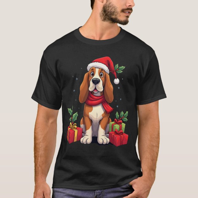 Funny Basset Hound Dog Christmas Outfits Santa Hat T-Shirt (Front)