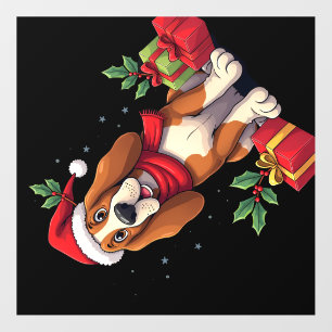 Funny Basset Hound Dog Christmas Outfits Santa Hat Wall Decal