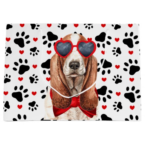 Funny Basset Hound Dog Love Red Hearts and Paws Large Gift Bag