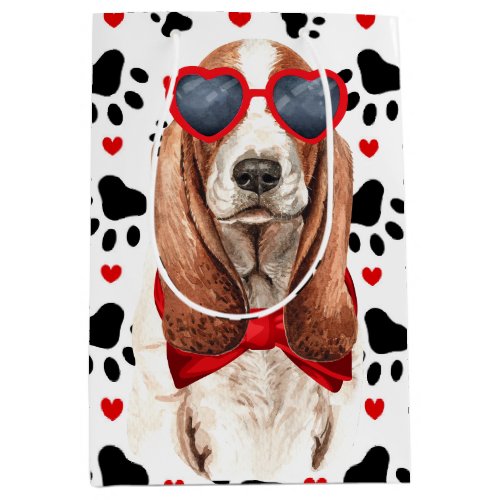 Funny Basset Hound Dog Love Red Hearts and Paws Medium Gift Bag
