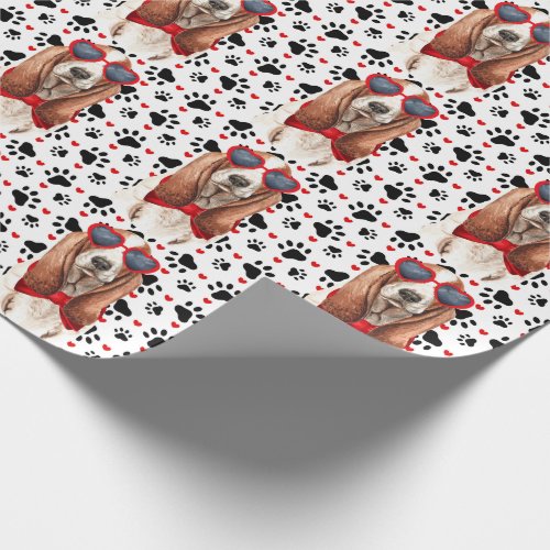 Funny Basset Hound Dog Love Red Hearts and Paws Wrapping Paper