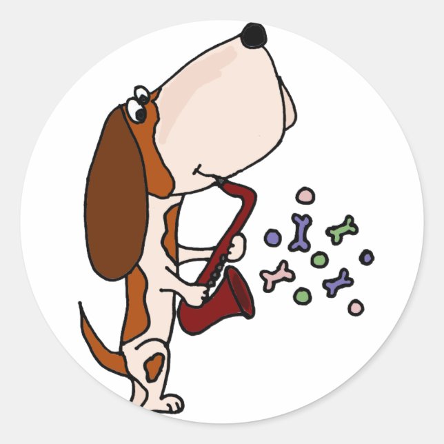 Funny Basset Hound Dog Playing Saxophone Classic Round Sticker (Front)