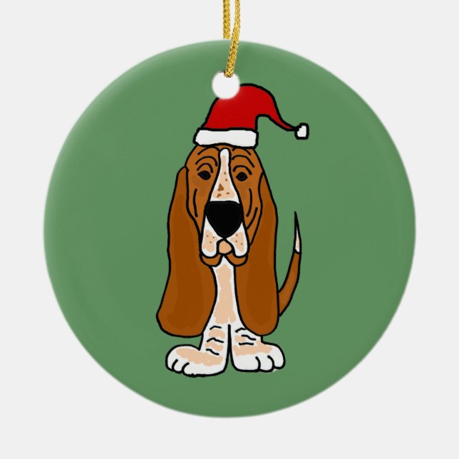 Funny Basset Hound in Santa Hat Christmas Art Ceramic Ornament (Front)