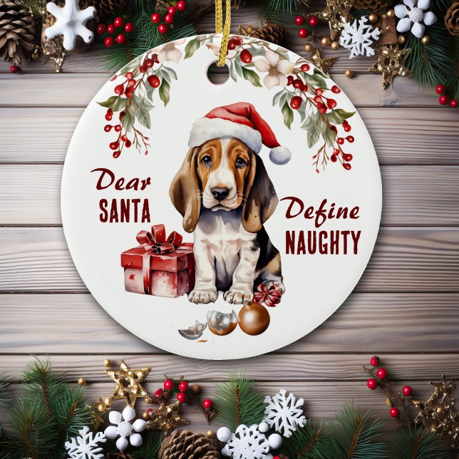Funny Basset Hound Puppy Define Naughty Christmas Ceramic Ornament (Creator Uploaded)