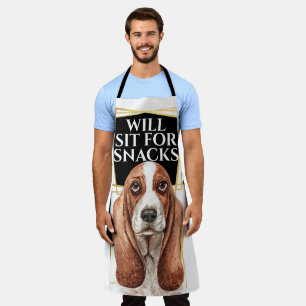 Funny basset hound sit for snacks watercolor art apron