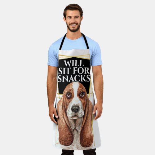 Funny basset hound sit for snacks watercolor art apron