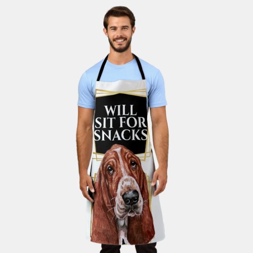 Funny basset hound sit for snacks watercolor art apron