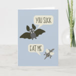 Funny Bat and Mosquito Cartoon Light Blue Birthday Card<br><div class="desc">Add your own message to the inside of this funny birthday card or leave it as is for food chain themed birthday message. The front of the card feature a snarky conversation between a cartoon bat and a cartoon mosquito set against a light blue background.</div>