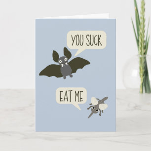 Funny Bat and Mosquito Cartoon Light Blue Birthday Card