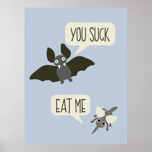 Funny Bat and Mosquito Cartoon Light Blue Poster