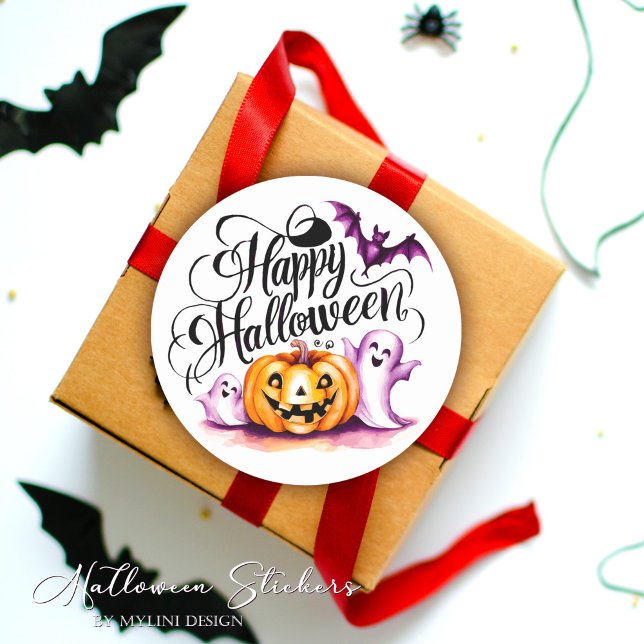 Funny Bat Ghosts and Pumpkin Happy Halloween Classic Round Sticker (Creator Uploaded)